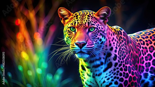 Fototapeta Naklejka Na Ścianę i Meble -  Vibrant neon colored leopard standing out in the wild, neon, colored, leopard, vibrant, animal, wildlife, jungle