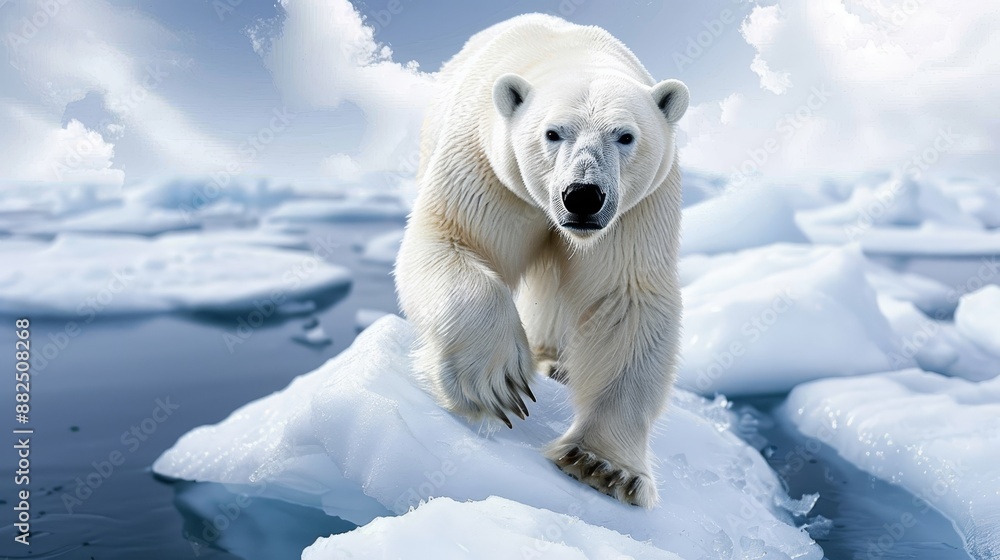 Polar bear navigating through icy terrain, emphasizing its adaptation to extreme cold temperatures, a powerful symbol of Arctic fauna Polar bear navigating through icy terrain, emphasizing its adaptation to extreme cold temperatures, a powerful symbol of Arctic fauna