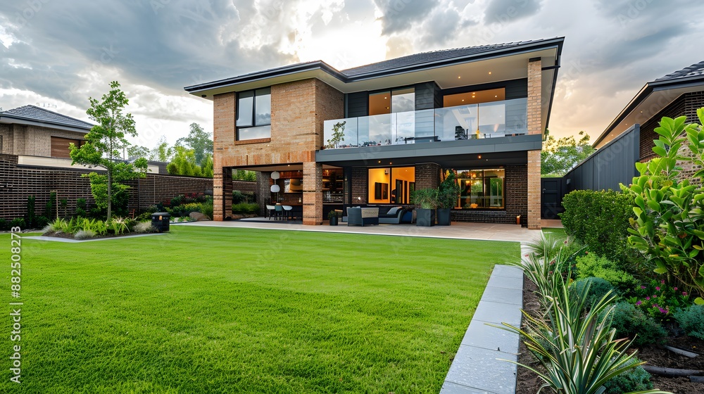 Grassy lawn with lush plants growing in backyard of modern brick house against cloudy sky in daytime. Grassy lawn with lush plants growing in backyard of modern brick house against cloudy sky in daytime.