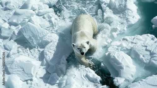 Polar bear traversing a frozen wilderness, the harsh reality of arctic survival in a world of numb temperatures and frigid winds photo