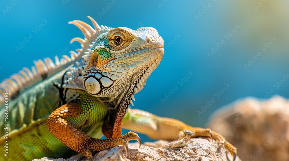 Fototapeta premium Reptile basking in the sun, exhibiting natural behaviors and survival instincts, detailed close-up of its skin and environment