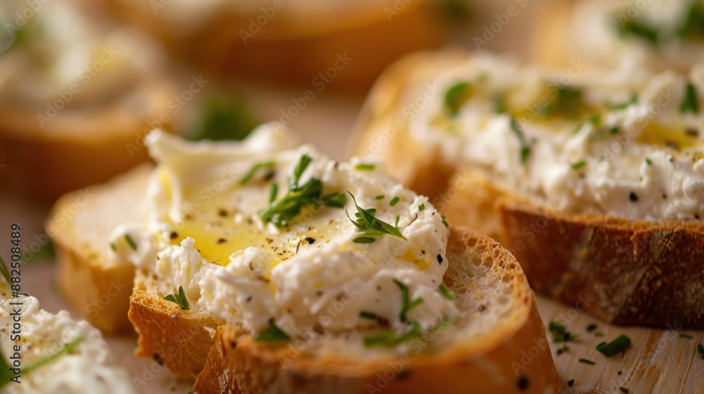 Close-up of delicious crostini topped with creamy cheese, herbs, and olive oil. Perfect appetizer for any gathering or casual meal. Close-up of delicious crostini topped with creamy cheese, herbs, and olive oil. Perfect appetizer for any gathering or casual meal.