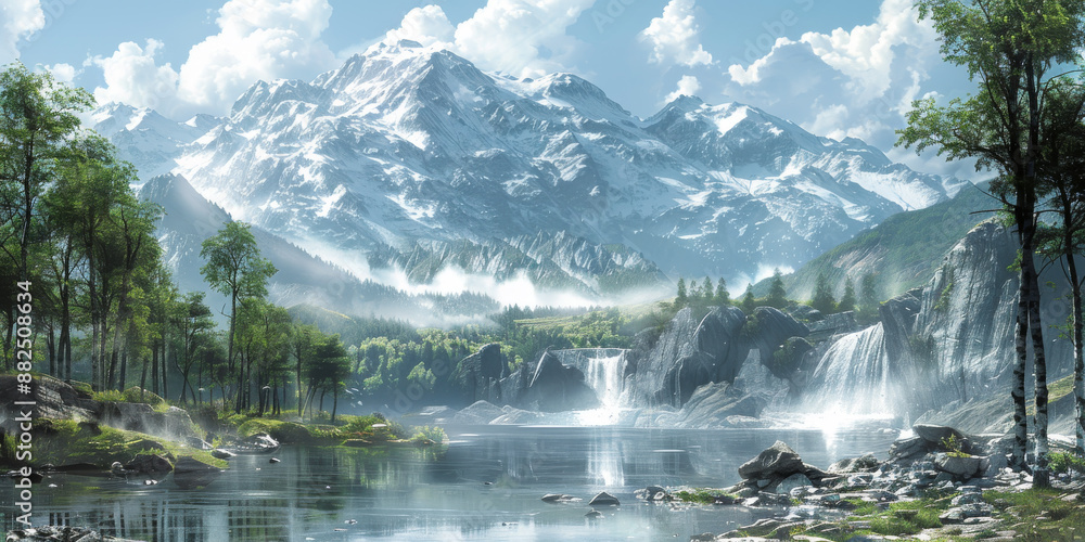 Naklejka premium 緑の山の端の水彩