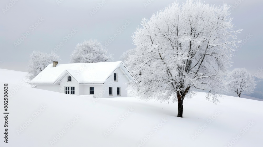 Snow-covered landscape after a heavy snowfall, houses and trees blanketed in white, a serene and quiet winter scene Snow-covered landscape after a heavy snowfall, houses and trees blanketed in white, a serene and quiet winter scene
