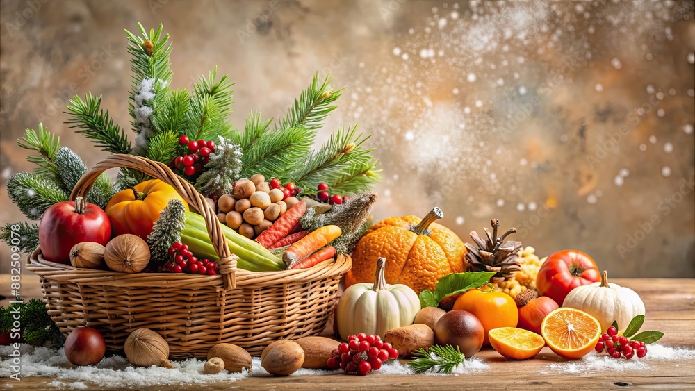 Winter delights featuring seasonal food arrangements on a warm neutral background, winter, delights, seasonal, food Winter delights featuring seasonal food arrangements on a warm neutral background, winter, delights, seasonal, food