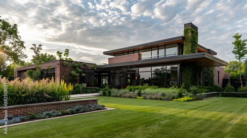 Grassy lawn with lush plants growing in backyard of modern brick house against cloudy sky in daytime. 