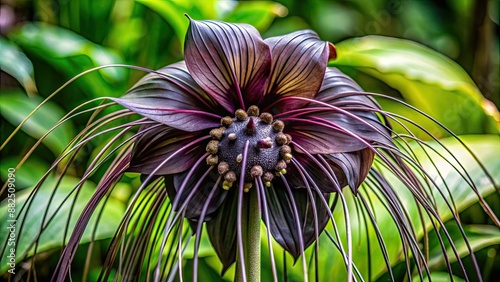 of a Tacca black bat flower with intricate petals and dark coloration, Tacca, black, bat flower,intricate, petals, dark photo