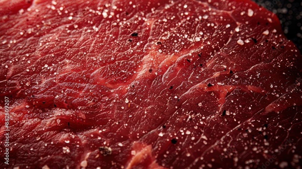 Close-up of raw beef steak seasoned with salt and pepper, showcasing fresh marbling and texture, perfect for culinary and food-related projects. Close-up of raw beef steak seasoned with salt and pepper, showcasing fresh marbling and texture, perfect for culinary and food-related projects.