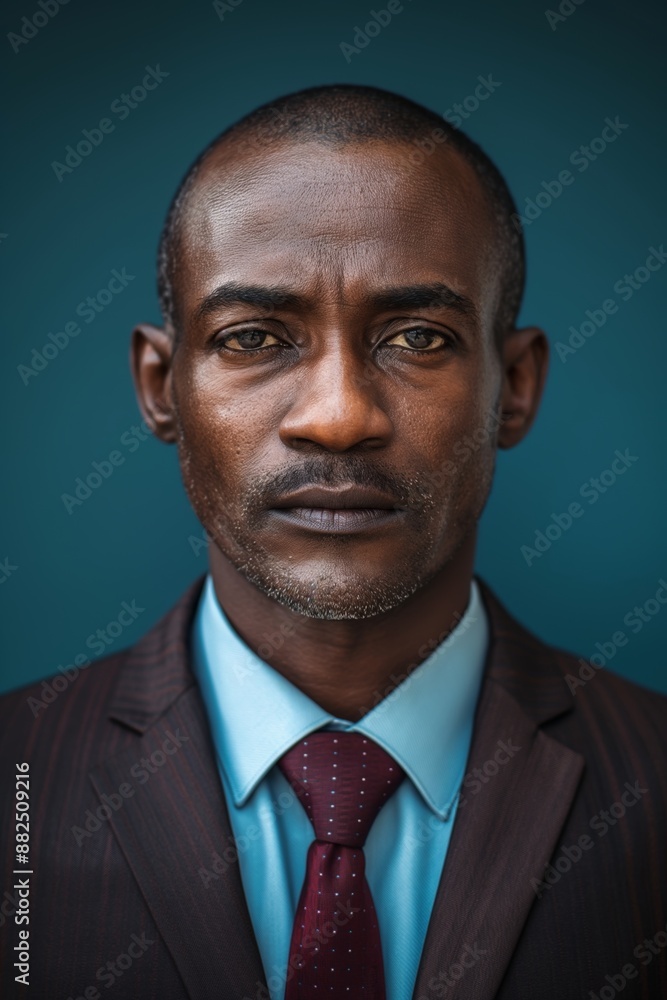 Confident businessman in sharp suit and tie against blue background exudes determination and ambition. Intense gaze and powerful demeanor make him a natural leader in business world Confident businessman in sharp suit and tie against blue background exudes determination and ambition. Intense gaze and powerful demeanor make him a natural leader in business world