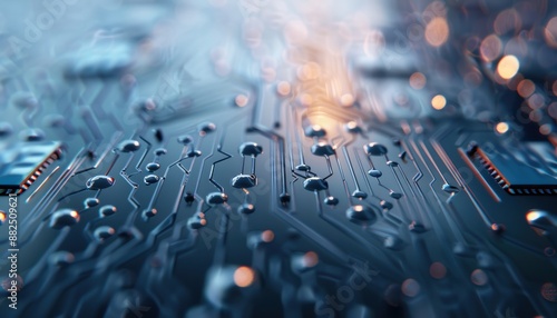 Close-up view of a circuit board with intricate connections, showcasing modern technology and electronics under diffused lighting.