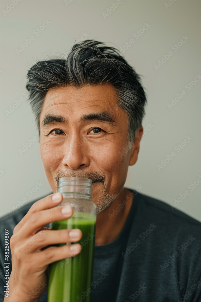 Mature man with grey hair joyfully sips on a green smoothie, radiating vitality and contentment, emphasizing the importance of healthy aging Mature man with grey hair joyfully sips on a green smoothie, radiating vitality and contentment, emphasizing the importance of healthy aging