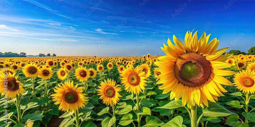Obraz premium Vibrant sunflower field under a clear sky, sunflower, field, nature, vibrant, yellow, summer, sky, sunny, agriculture, farm, rural