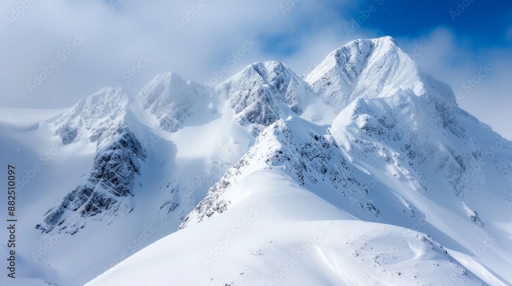 Obraz premium Snowy mountain landscape, the peaks covered in frost and ice, the freezing chill of winter evident in the breathtaking scenery