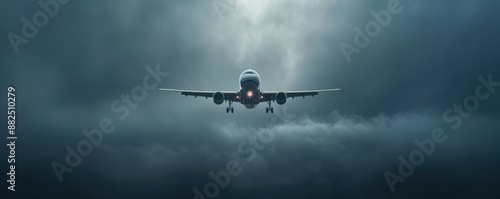 Dramatic photo of an airplane flying through a dark, stormy sky. The powerful image captures the tension and beauty of flight in adverse weather conditions.