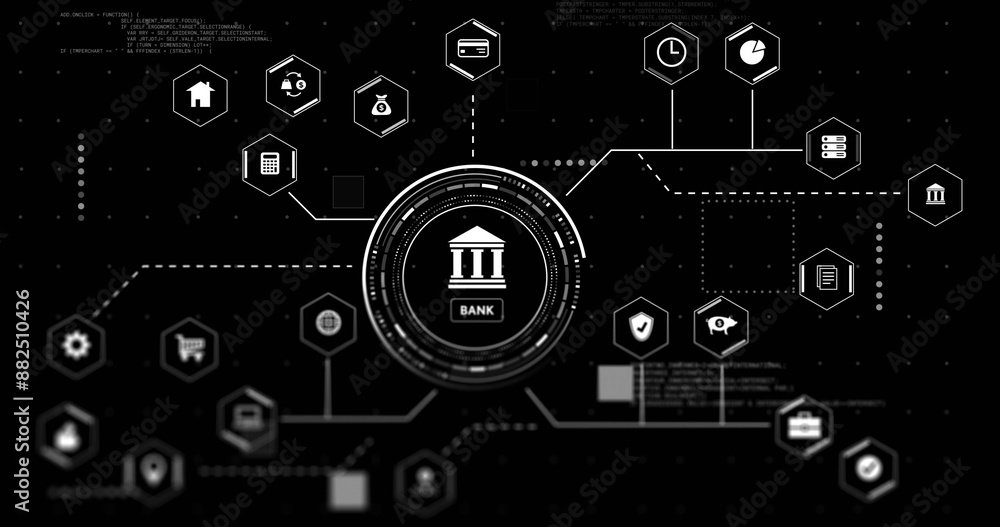 Digital icons representing various financial services connected to central bank Digital icons representing various financial services connected to central bank