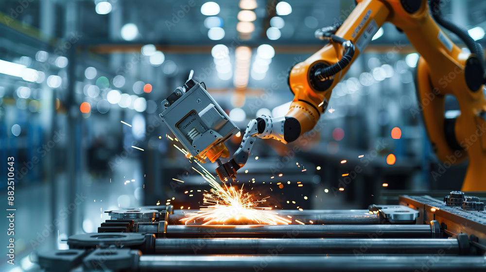 Fototapeta premium Industrial robots on the modern factory floor