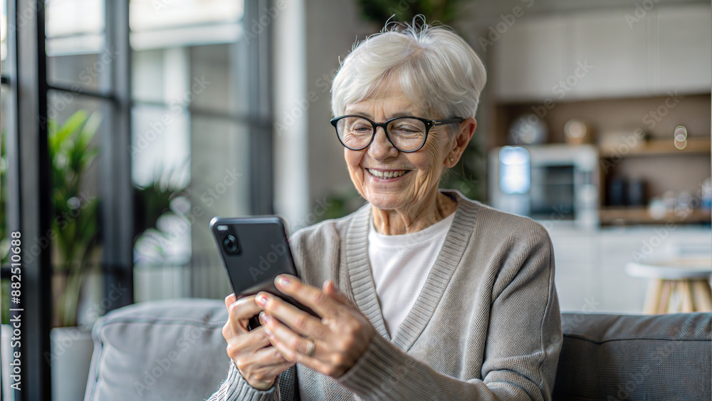 Smiling senior woman using mobile phone while sitting on sofa at home Smiling senior woman using mobile phone while sitting on sofa at home