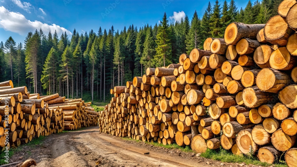 Stacked trunks of cut trees at a logging site, logging, deforestation, lumber, forestry, wood, environment, industry, pile Stacked trunks of cut trees at a logging site, logging, deforestation, lumber, forestry, wood, environment, industry, pile