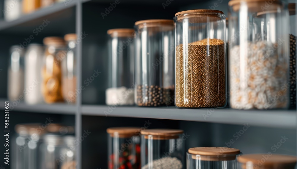 Neatly organized kitchen shelves with various spices and ingredients in glass jars, creating a visually appealing and practical storage solution. Neatly organized kitchen shelves with various spices and ingredients in glass jars, creating a visually appealing and practical storage solution.