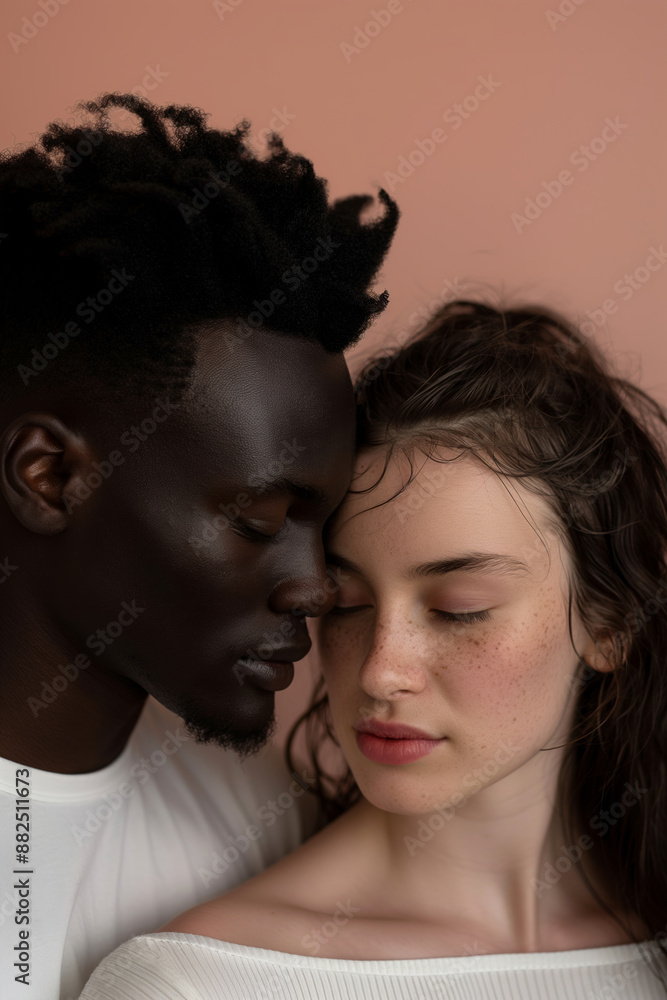 Close moment between a young black woman and a white man, touching foreheads with eyes closed and lips almost meeting, showing love and unity Close moment between a young black woman and a white man, touching foreheads with eyes closed and lips almost meeting, showing love and unity