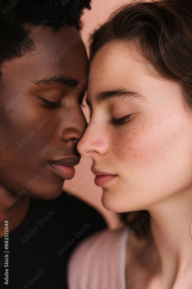 Young multiethnic couple is gently pressing their foreheads together with their eyes closed, sharing a moment of love and tenderness Young multiethnic couple is gently pressing their foreheads together with their eyes closed, sharing a moment of love and tenderness