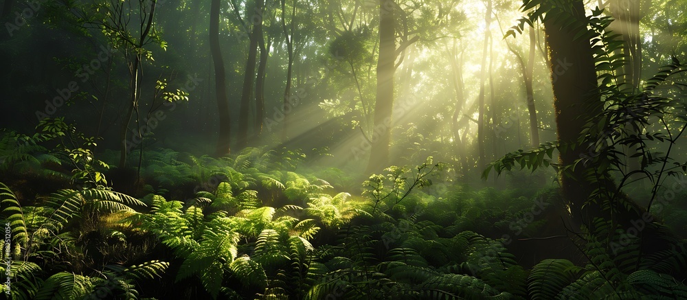 Lush green ferns and bright sunlight create a vibrant forest scene Lush green ferns and bright sunlight create a vibrant forest scene