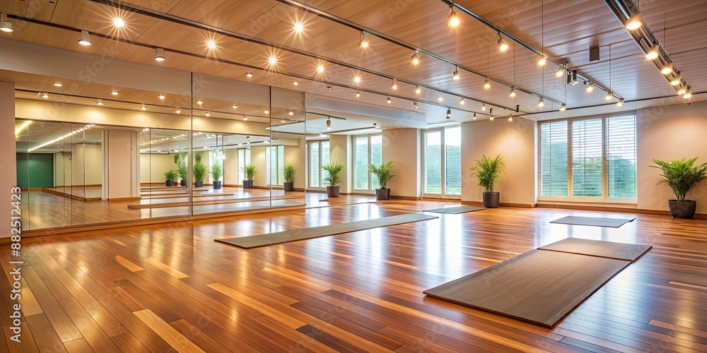 Relaxing yoga studio with wall mirrors, wood flooring, and soft ambient lighting , Yoga, studio, relaxation Relaxing yoga studio with wall mirrors, wood flooring, and soft ambient lighting , Yoga, studio, relaxation