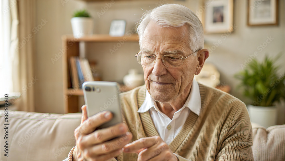 Senior man using mobile phone at home in the living room, looking at the screen and smiling Senior man using mobile phone at home in the living room, looking at the screen and smiling