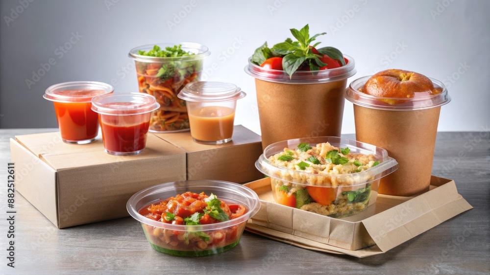 A variety of food is served in cardboard boxes, including a salad, a sandwich A variety of food is served in cardboard boxes, including a salad, a sandwich