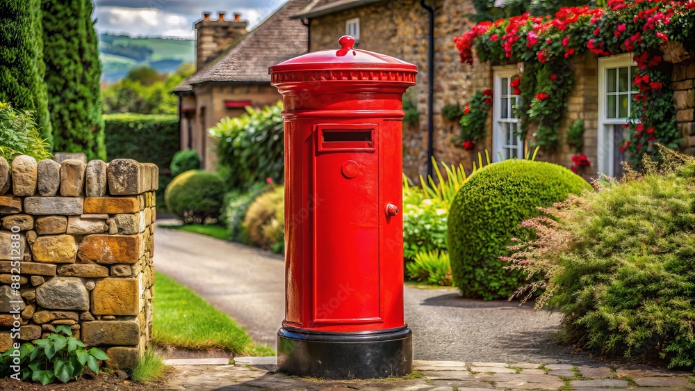 A red mailbox sits in front of a house with a stone wall A red mailbox sits in front of a house with a stone wall