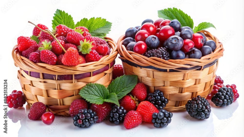 Two baskets of berries, one with blackberries and the other with raspberries Two baskets of berries, one with blackberries and the other with raspberries