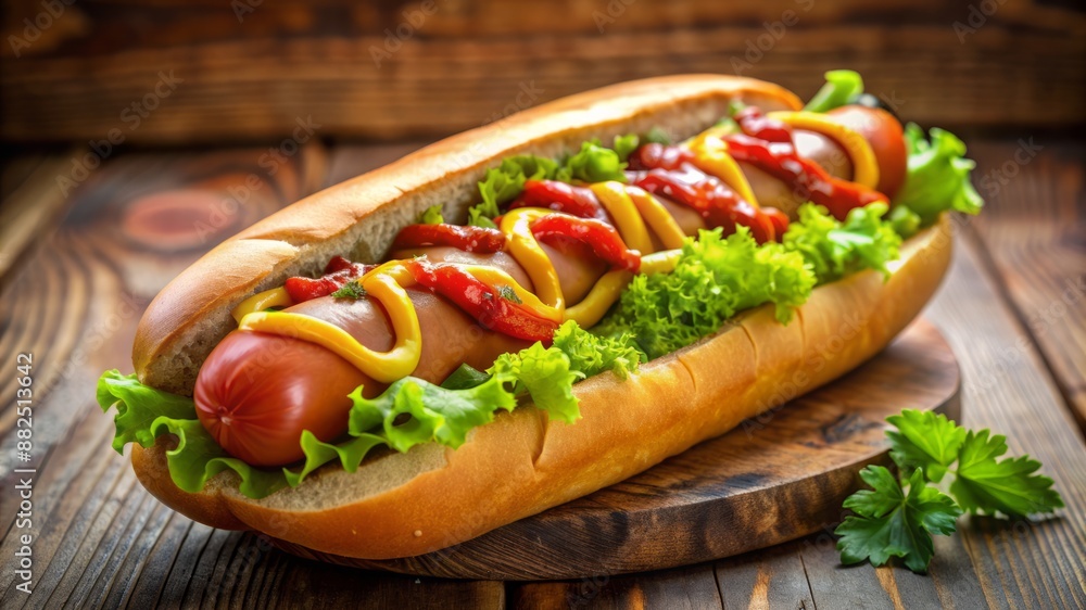 A hot dog with mustard and ketchup is sitting on a wooden table A hot dog with mustard and ketchup is sitting on a wooden table
