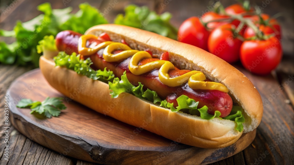 A hot dog with mustard and ketchup is sitting on a wooden table A hot dog with mustard and ketchup is sitting on a wooden table
