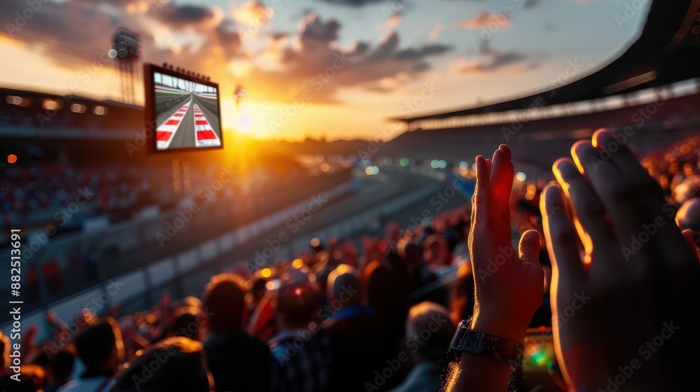 Wide-angle shot of an enthusiastic audience at a race track, clapping ...