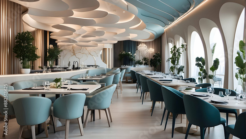 Modern restaurant interior with blue chairs