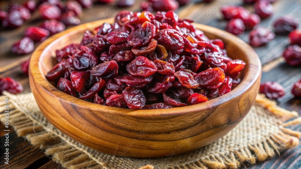 A bowl of dried cranberries sits on a wooden table A bowl of dried cranberries sits on a wooden table