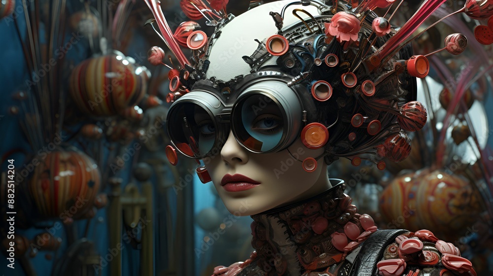 A futuristic, avant-garde woman adorned with intricate headgear and large goggles, set against a backdrop of abstract and mechanical elements. A futuristic, avant-garde woman adorned with intricate headgear and large goggles, set against a backdrop of abstract and mechanical elements.