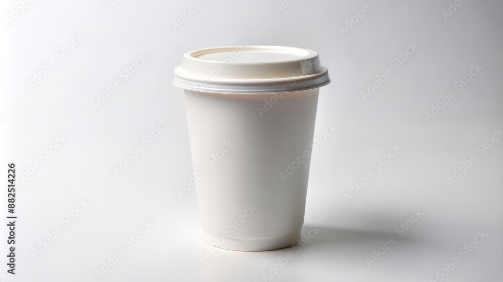 A white cup with a lid sits on a white background A white cup with a lid sits on a white background
