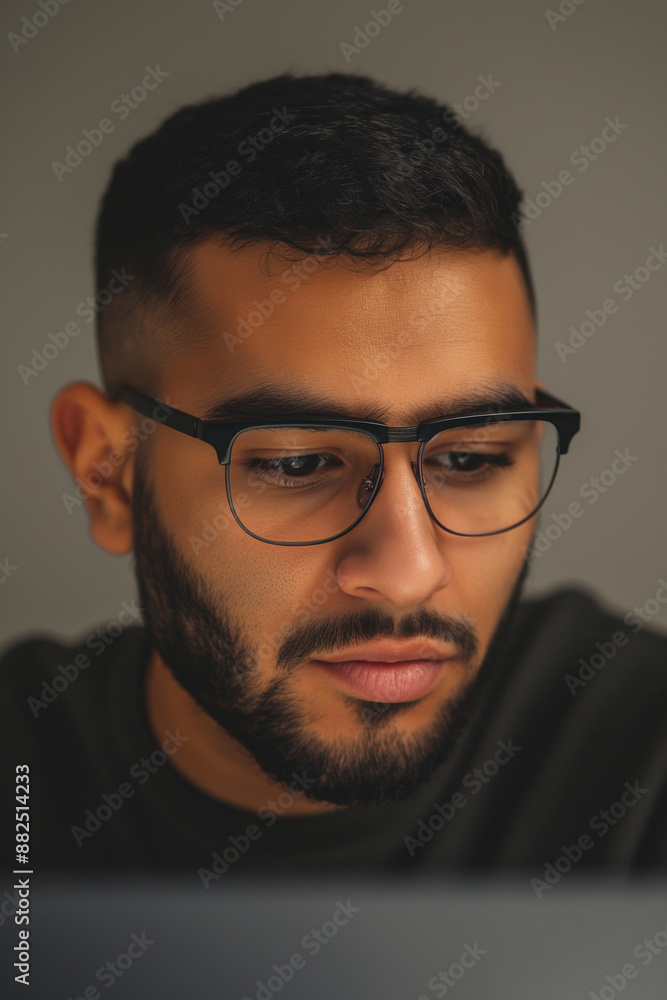 Young programmer works late at night, focused on coding on his laptop, solving problems for his project in his home office Young programmer works late at night, focused on coding on his laptop, solving problems for his project in his home office