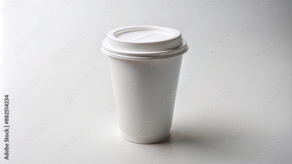 A white cup with a lid sits on a white background A white cup with a lid sits on a white background