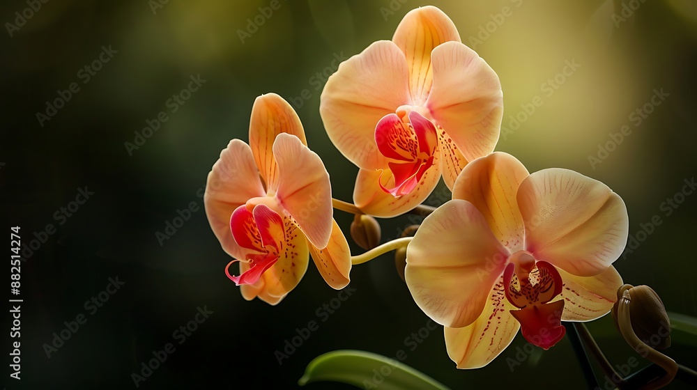 Three orange orchids in bloom with green leaves on a dark background Three orange orchids in bloom with green leaves on a dark background