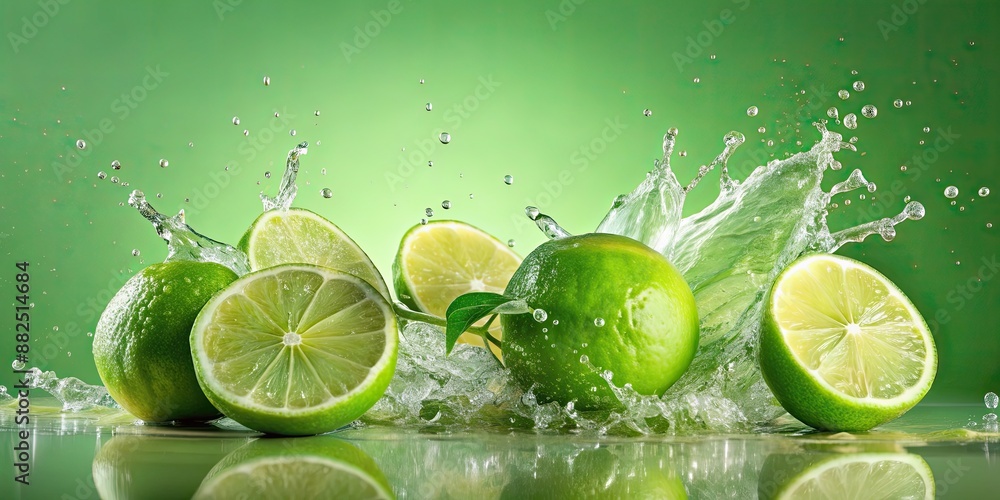 Fresh limes splashing in water on light green background, limes, fresh, water, explosion, splash, vibrant, citrus, refreshing Fresh limes splashing in water on light green background, limes, fresh, water, explosion, splash, vibrant, citrus, refreshing