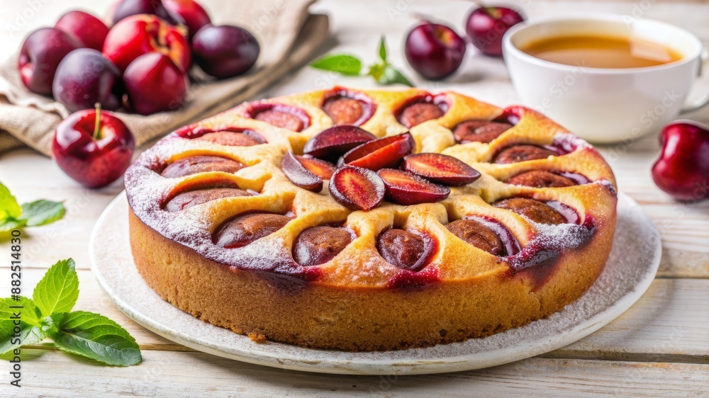 A round cake with strawberries and cherries on top sits on a white plate A round cake with strawberries and cherries on top sits on a white plate