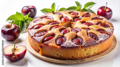 A round cake with strawberries and cherries on top sits on a white plate
