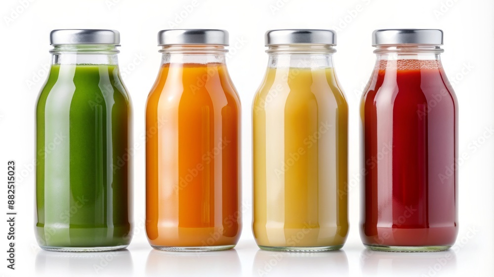 Four glass jars filled with different colored juices Four glass jars filled with different colored juices