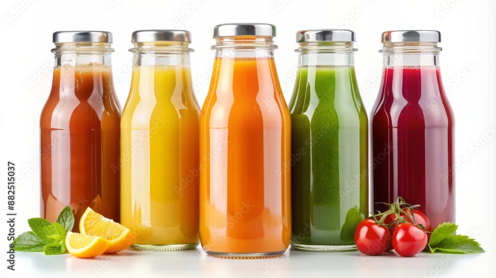 Four glass jars filled with different colored juices Four glass jars filled with different colored juices
