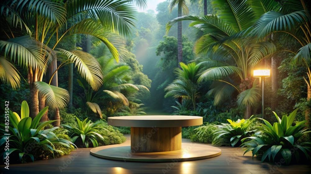 A round table is surrounded by lush green plants and trees A round table is surrounded by lush green plants and trees