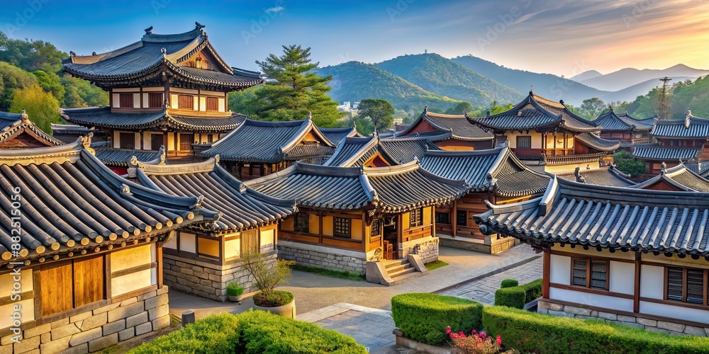 Traditional Korean houses in a Hanok Village setting, Korea, traditional, architecture, culture, heritage, houses, village Traditional Korean houses in a Hanok Village setting, Korea, traditional, architecture, culture, heritage, houses, village