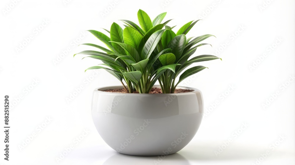 A potted plant sits in a white bowl on a white background A potted plant sits in a white bowl on a white background