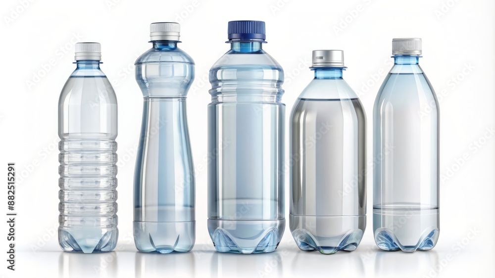 A row of six plastic water bottles are lined up on a table A row of six plastic water bottles are lined up on a table